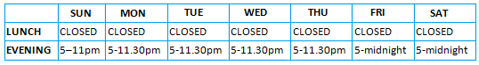 GT Reading - Ping King restaurant timetable