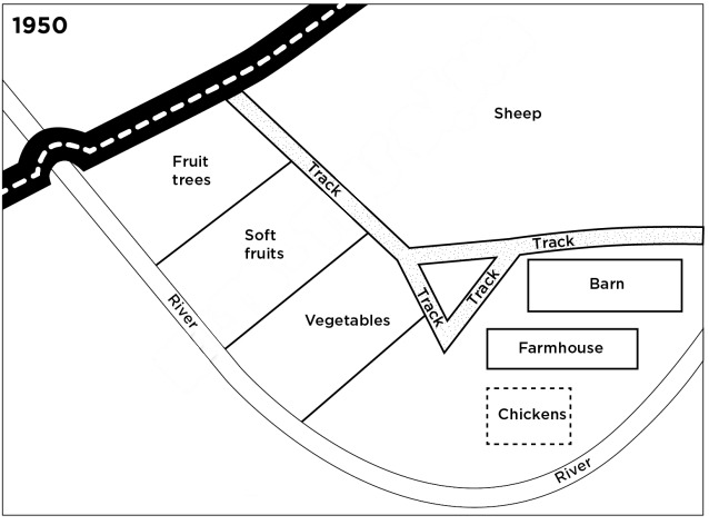 IELTS GRaph Writing Maps: Beechwood Farm in 1950